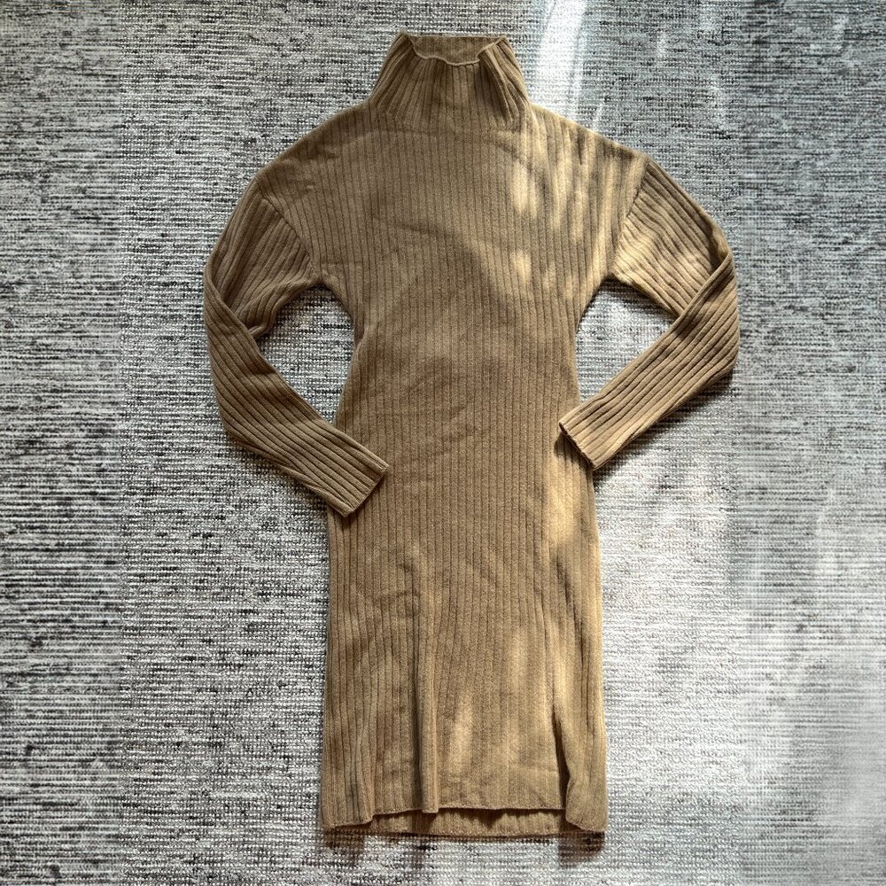 Camel Wool Ribbed Turtleneck Midi Dress